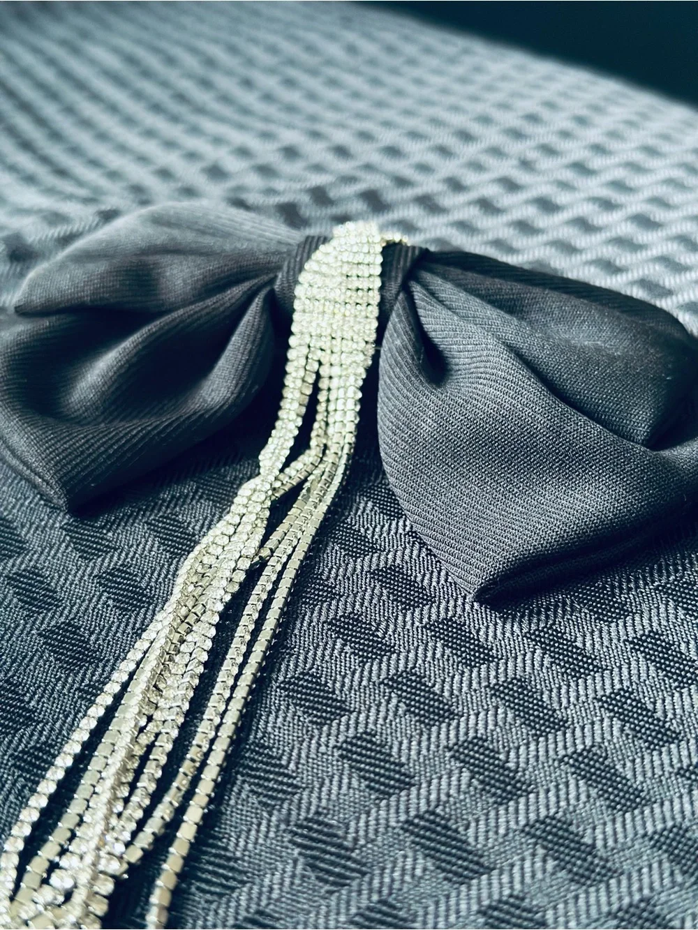 Black Fabric Bow Hair Clip with Rhinestone Tassels